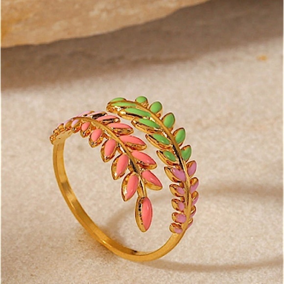 Gold Plated Leaf Design Multicolor Bangle Bracelet Ring Set - Picture 4 of 15